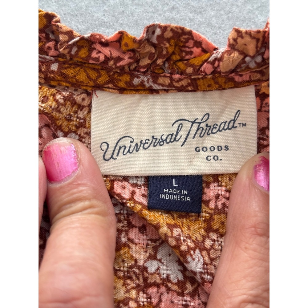 Universal Thread Floral Blouse L Excellent Ruffle Neck Long Sleeve Rust Multi - Picture 7 of 9